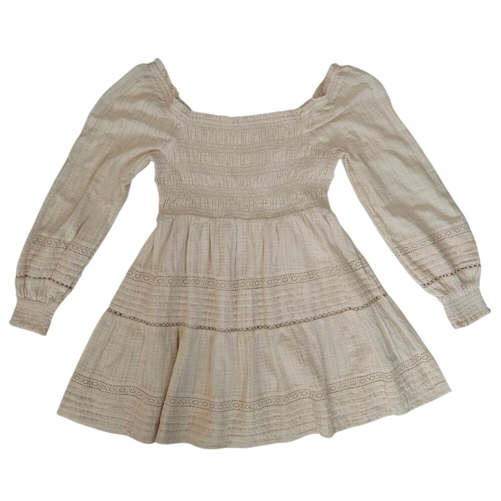 American Eagle Beige Boho Smocked Long Sleeve Mini Dress Women's Size Large - Picture 2 of 16